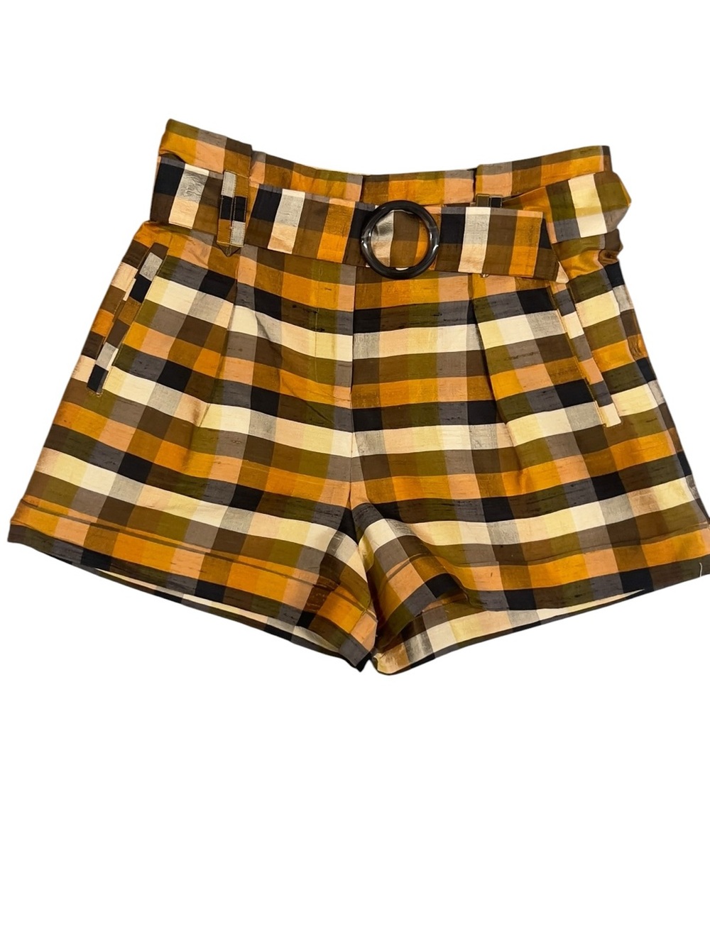 Sézane 100% silk High-Waist Plaid Belted Women’s Shorts — Mustard Multi